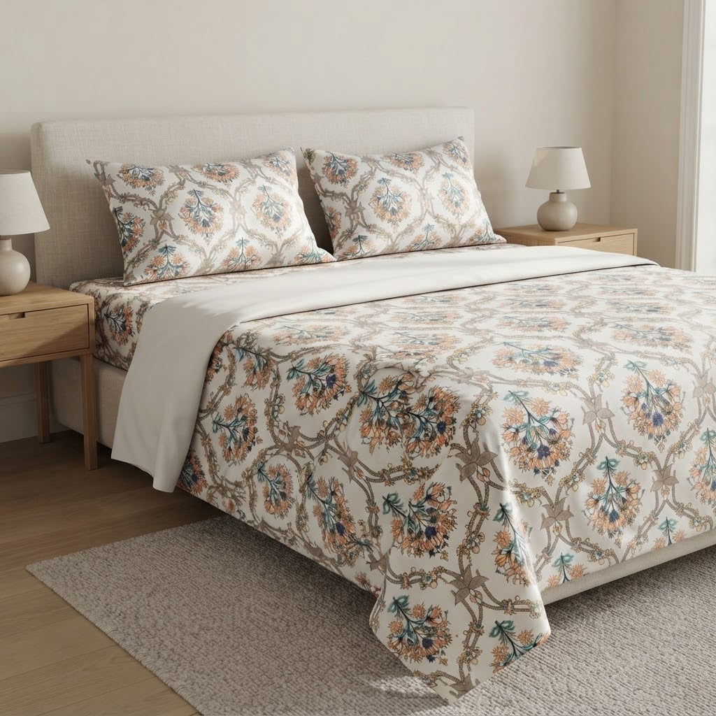 Double Cotton Bed Sheet - Ivory Garden