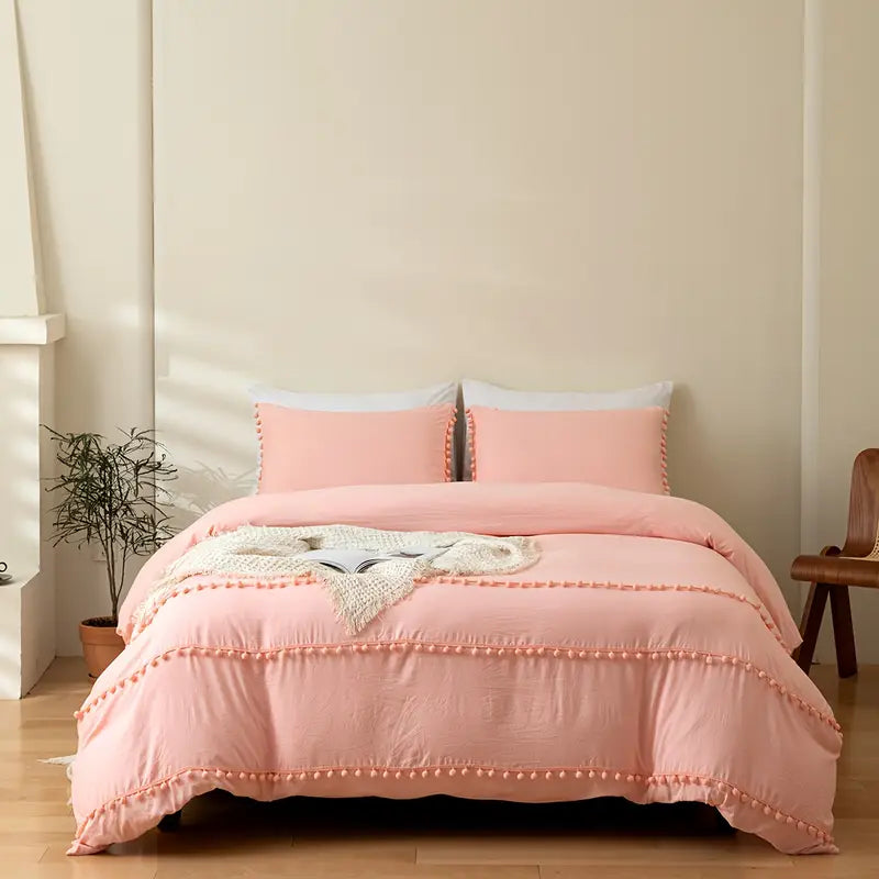 Vintage Boho Cotton Duvet Cover Set with Pom Pom Tassels