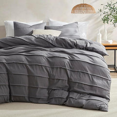 Minimal Pleated Cotton Duvet Cover Set - Dark Grey