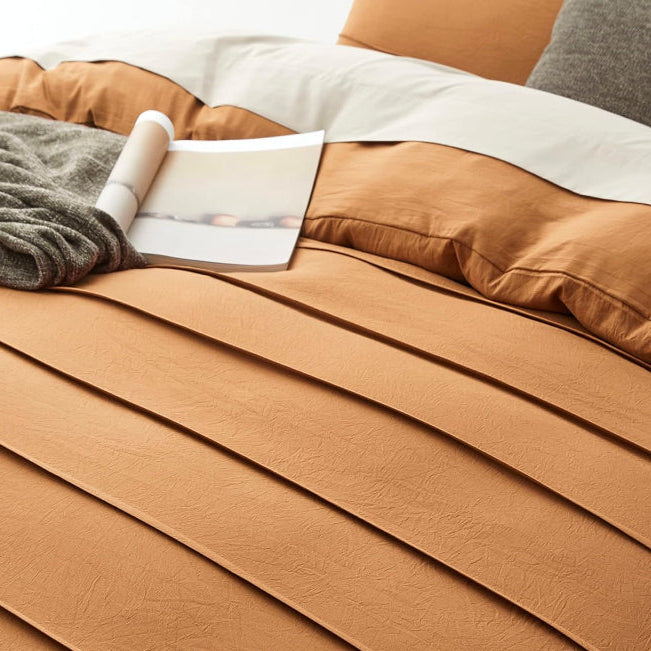 Minimal Pleated Cotton Duvet Cover Set - Pumpkin Brown