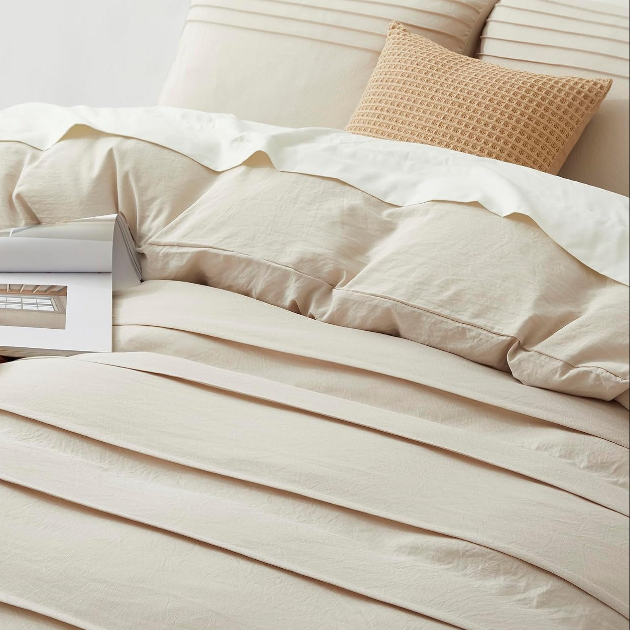 Minimal Pleated Cotton Duvet Cover Set - Cream