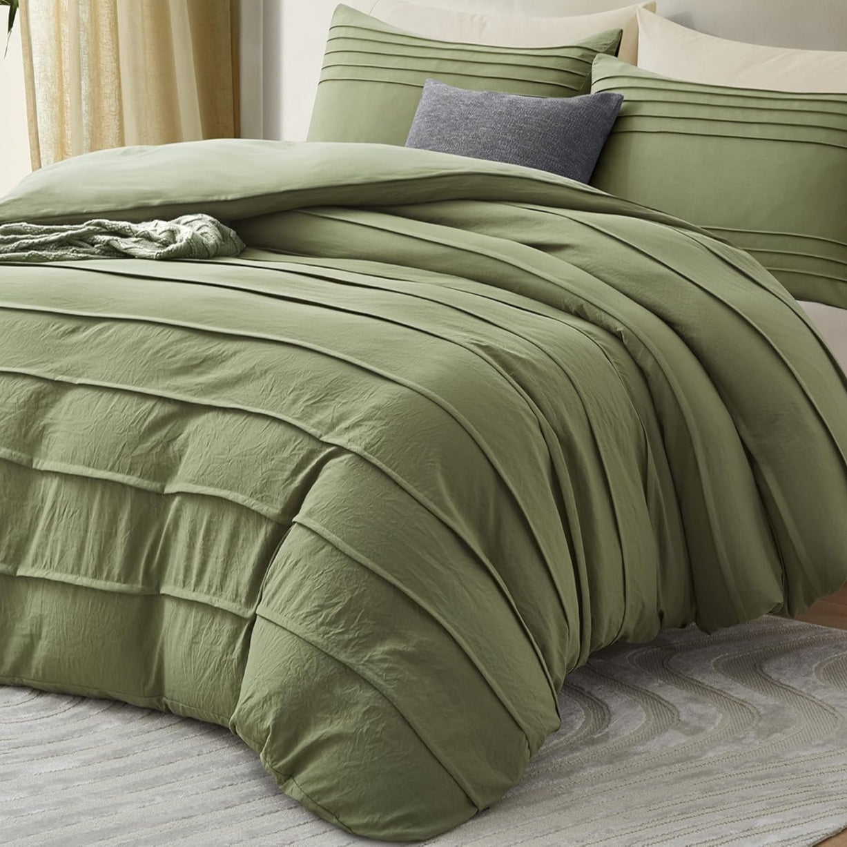 Minimal Pleated Cotton Duvet Cover Set - Olive Green