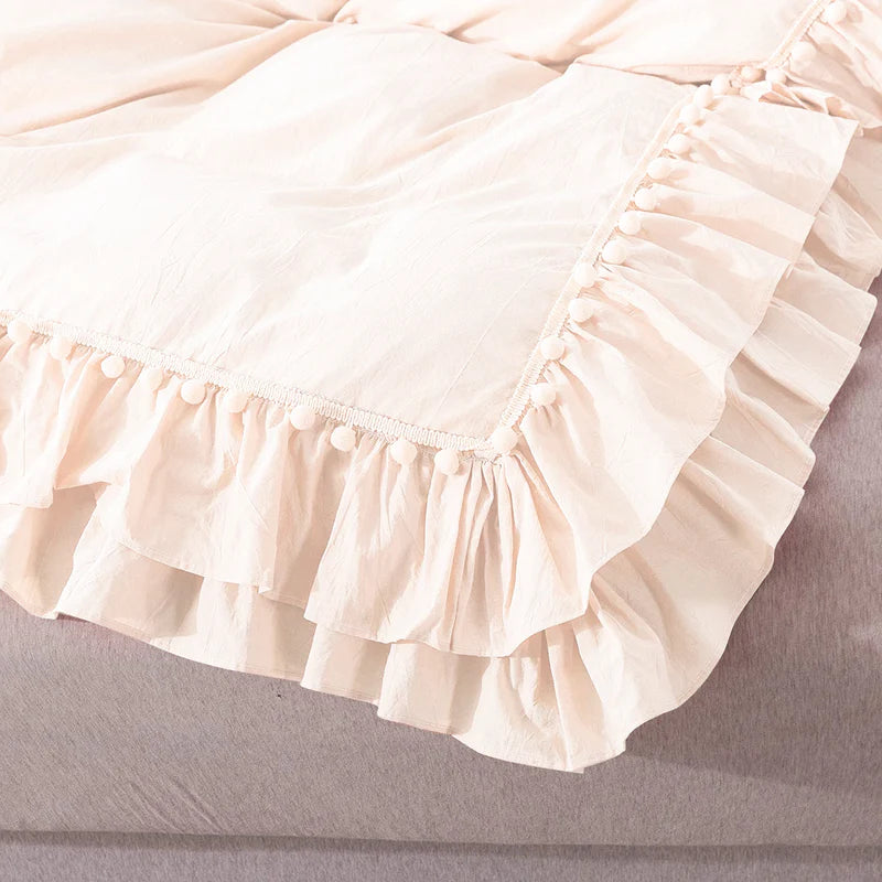 Vintage Boho Pom-Fringe Ruffled Cotton Duvet Cover Set-Ivory