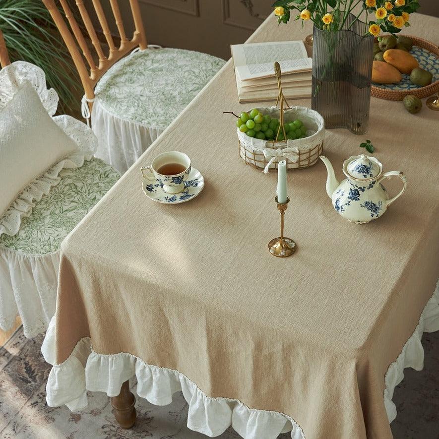 Flounce Stitching Cotton Table Covers-Beige & White