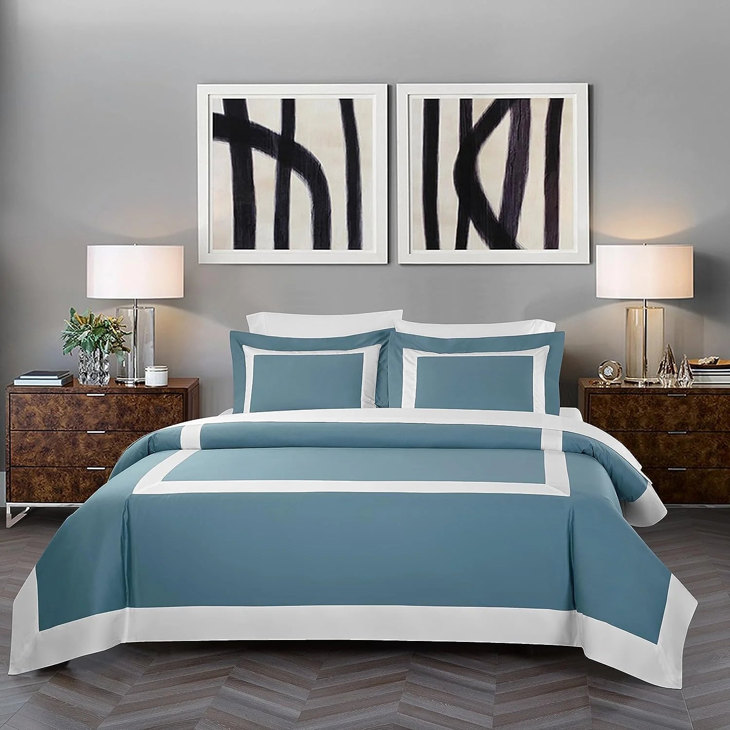 Aqua Blue Bordered Cotton Satin Duvet Cover Set