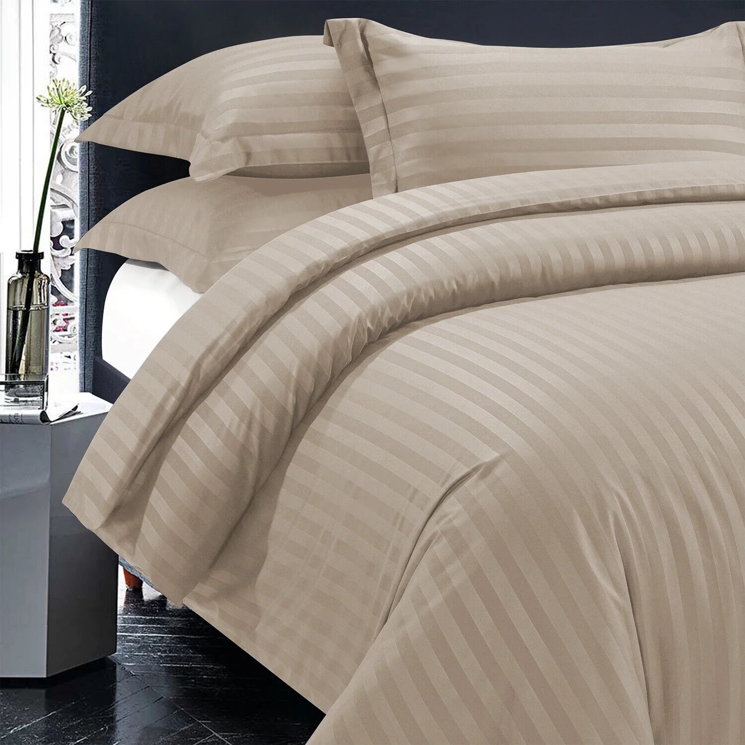 Cotton Satin Stripe Duvet Cover Sets Beige