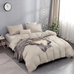 Luxury Cotton Satin Pom Fringe Duvet Cover Set - Beige