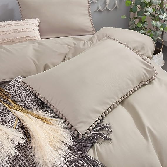 Luxury Cotton Satin Pom Fringe Duvet Cover Set - Beige