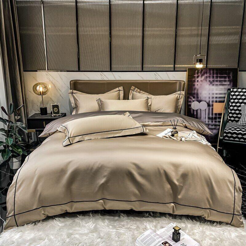 Embroidered Luxury Duvet Set-Beige With Black Baratta Stitch