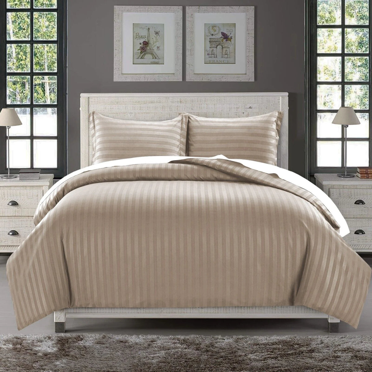 Cotton Satin Stripe Duvet Cover Sets Beige