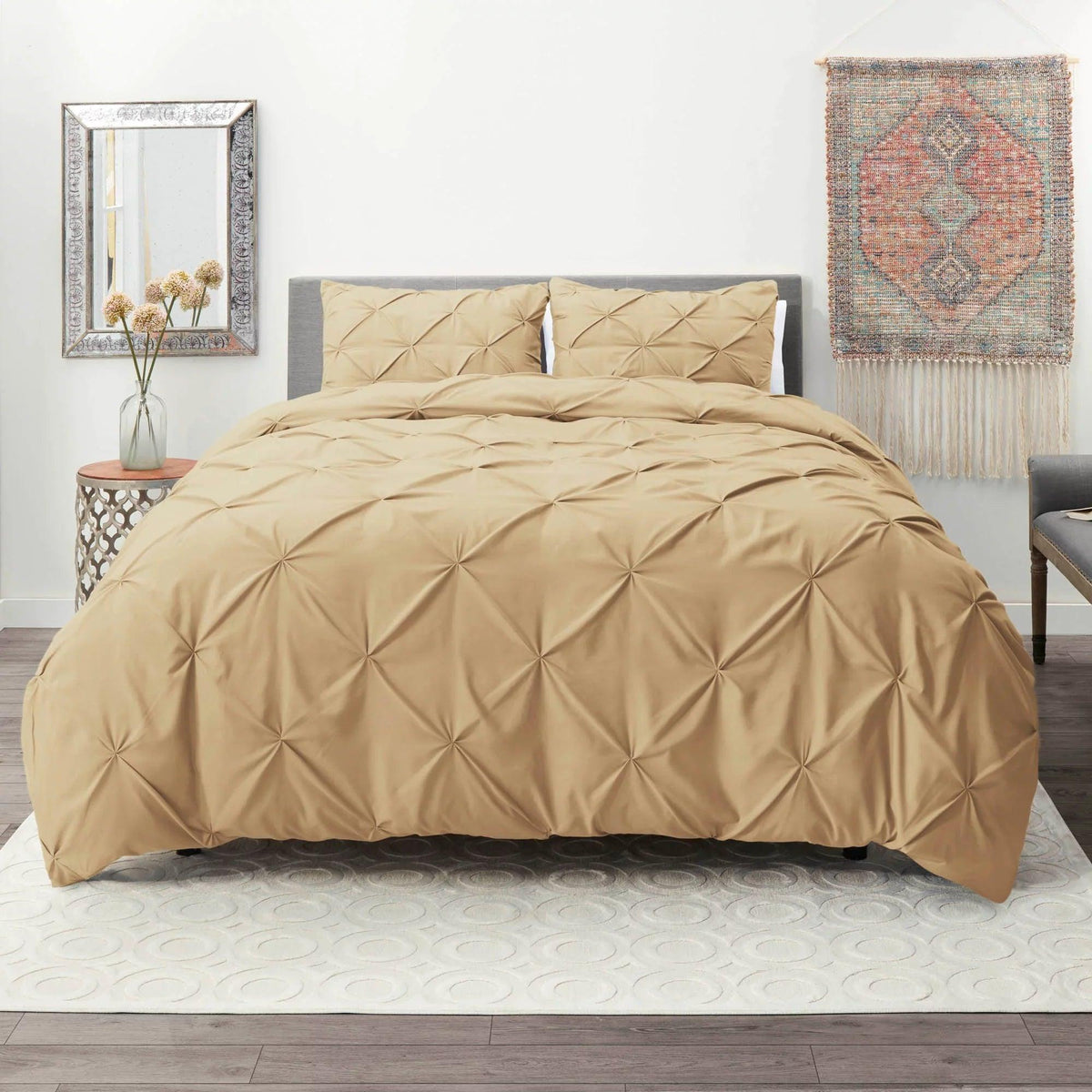 Luxury Satin Pintuck Duvet Cover Set - Beige