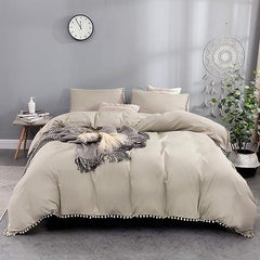 Luxury Cotton Satin Pom Fringe Duvet Cover Set - Beige