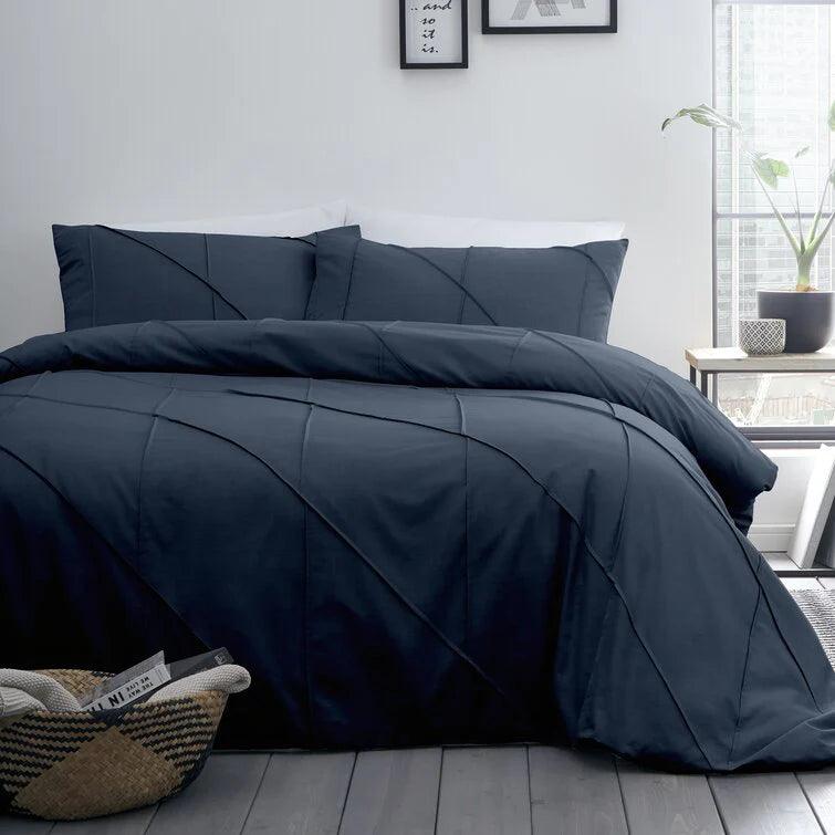 Geometric Pleated Cotton Satin Duvet Cover Set - Black