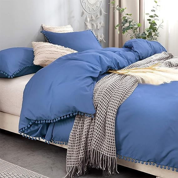 Luxury Cotton Satin Pom Fringe Duvet Cover Set - Blue