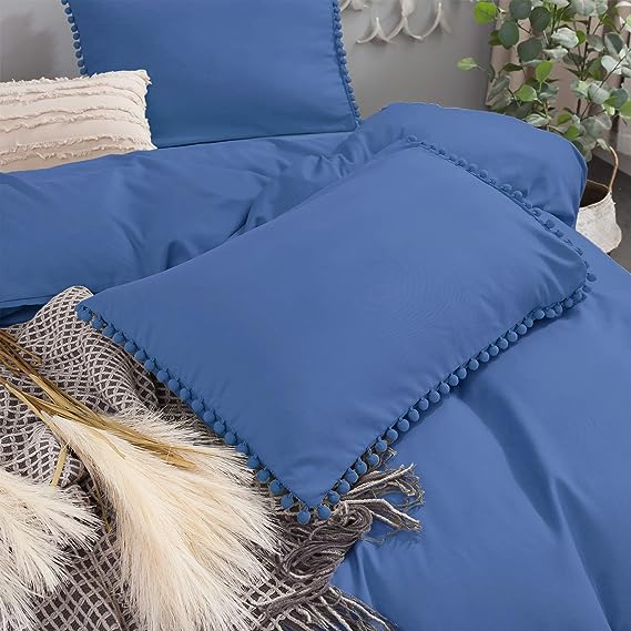 Luxury Cotton Satin Pom Fringe Duvet Cover Set - Blue