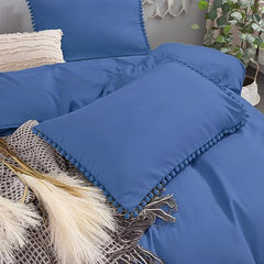 Luxury Cotton Satin Pom Fringe Duvet Cover Set - Blue