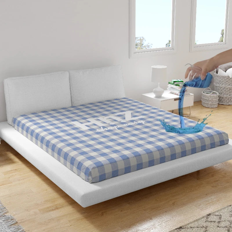 Waterproof Printed Mattress Protector - Blue Checked