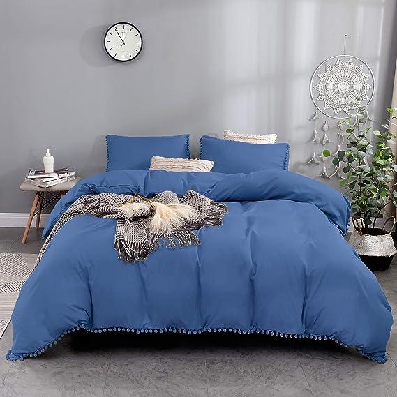 Luxury Cotton Satin Pom Fringe Duvet Cover Set - Blue