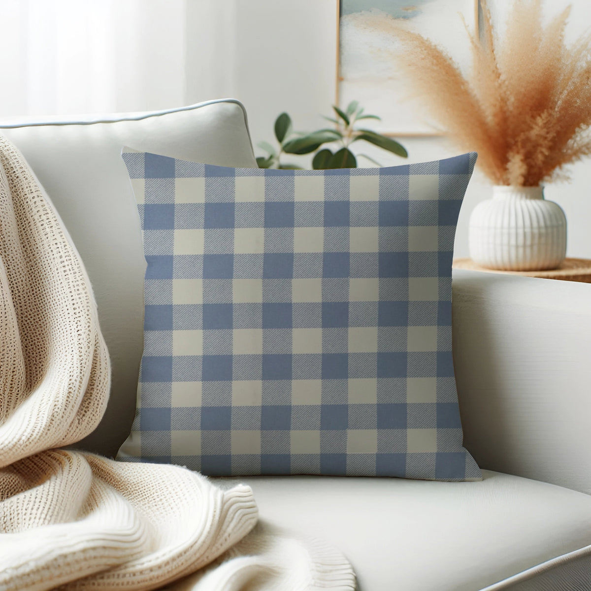 Waterproof Blue Checked Printed Cushion Cover-1 Pc