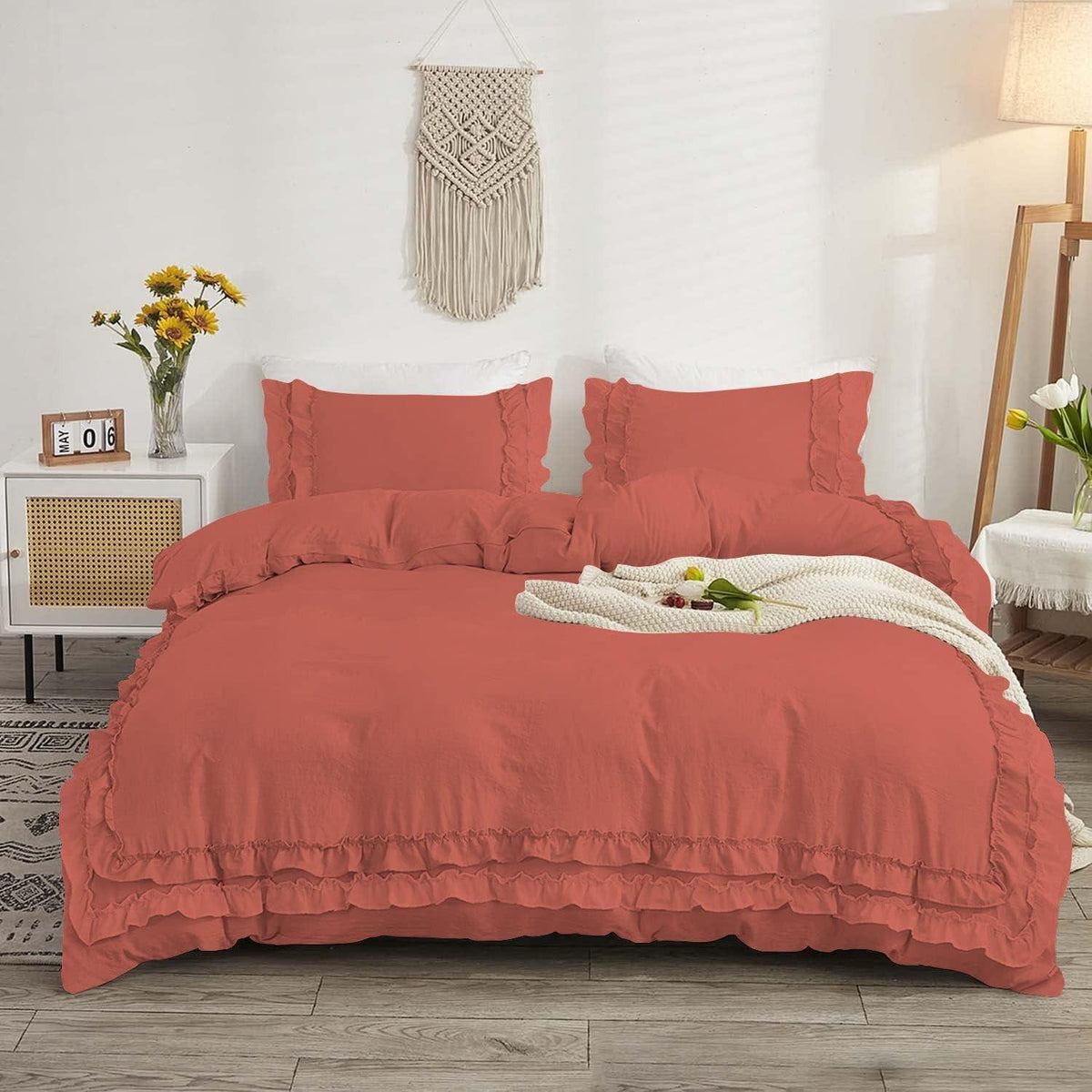 Luxury Cotton Frilled Duvet Set -Brick Red