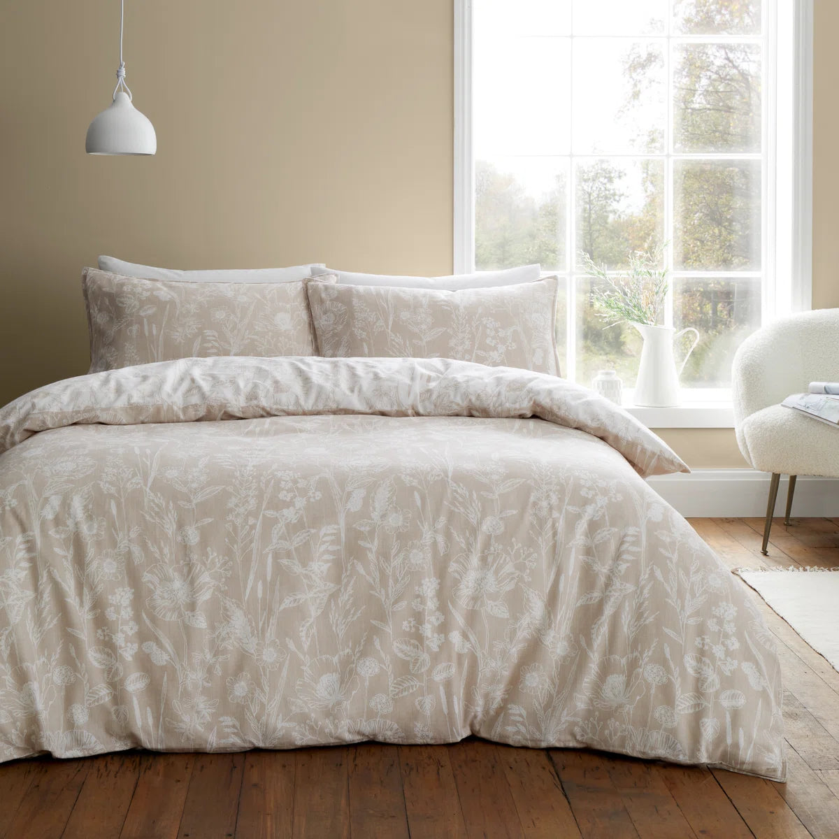 Neutral Brushed Cotton Floral Double Bed Sheet