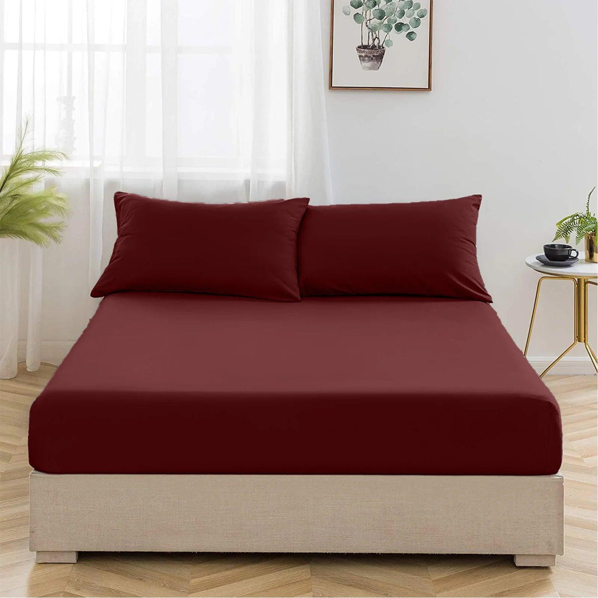 Cotton Fitted Bed Sheet with Pillows-Burgundy