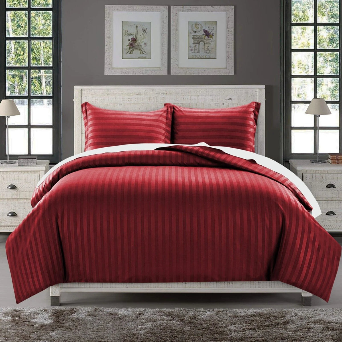 Cotton Satin Stripe Duvet Cover Sets Burgundy