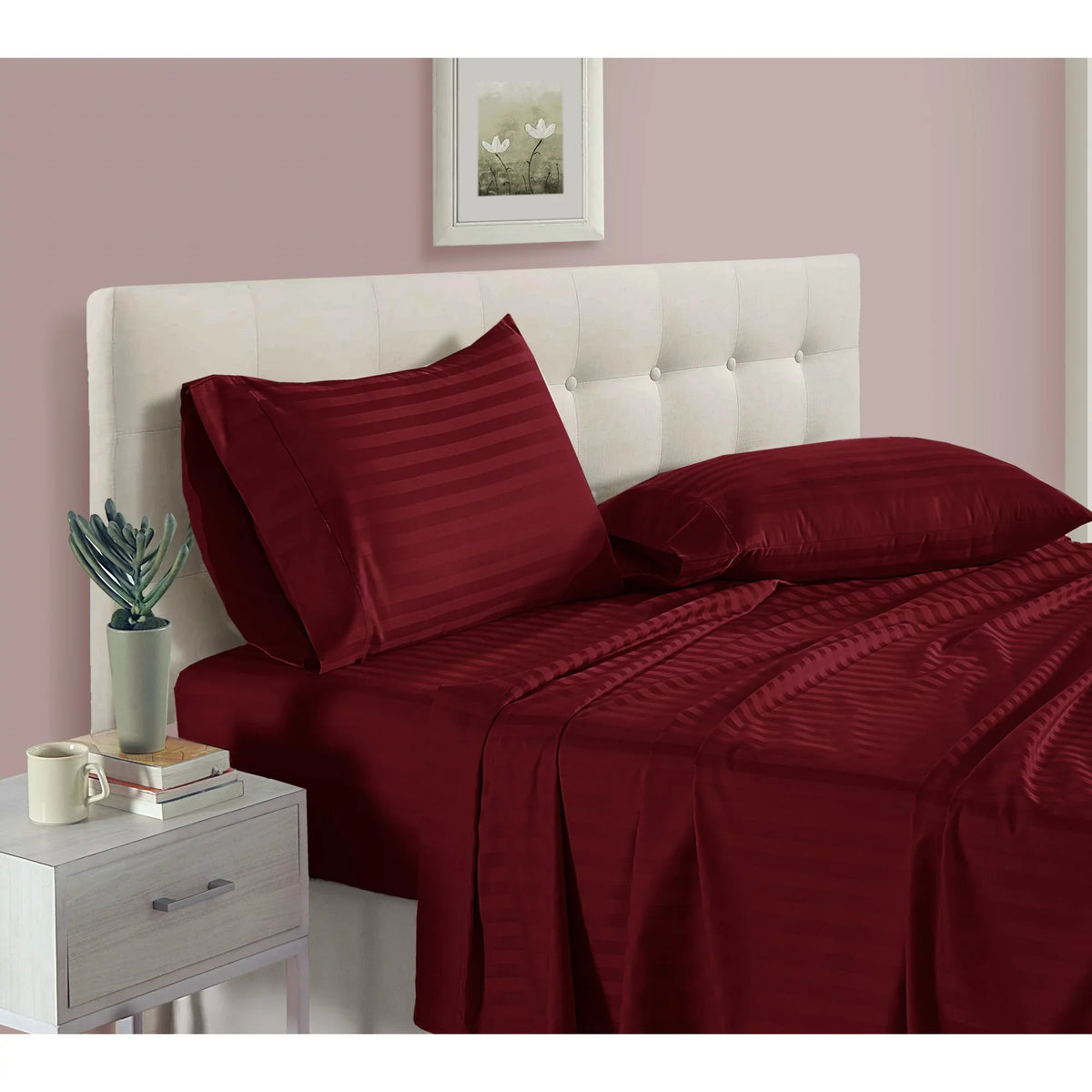 Luxury Strip Satin Bed Sheet Set - Burgundy