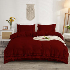 Luxury Cotton Frilled Duvet Set -Burgundy