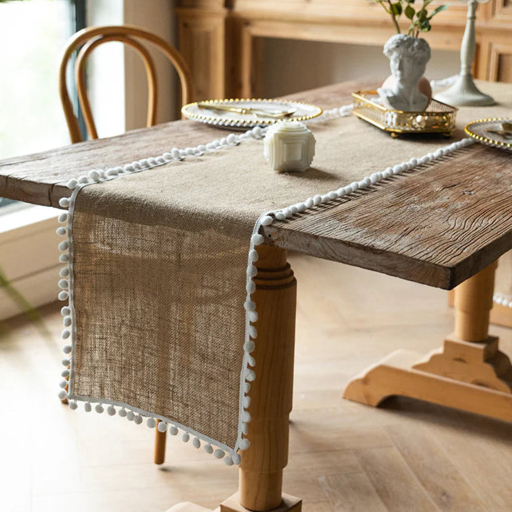 Jute Table Runner Pom-Pom Ball Fringe Trim