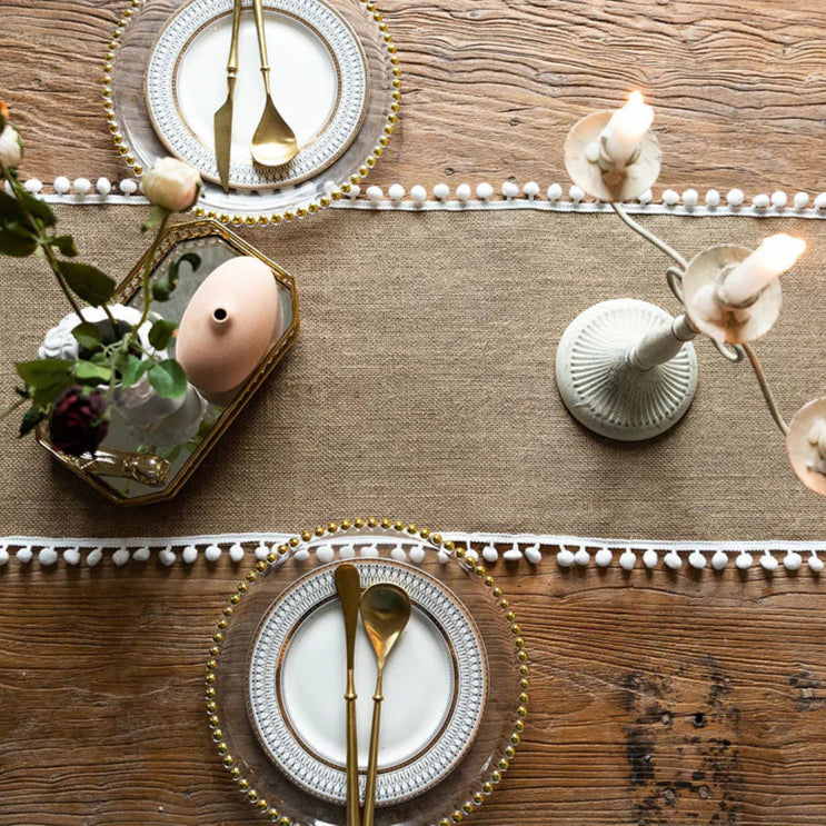 Jute Table Runner Pom-Pom Ball Fringe Trim