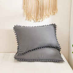 Luxury Cotton Satin Pom Fringe Duvet Cover Set - Charcoal Grey