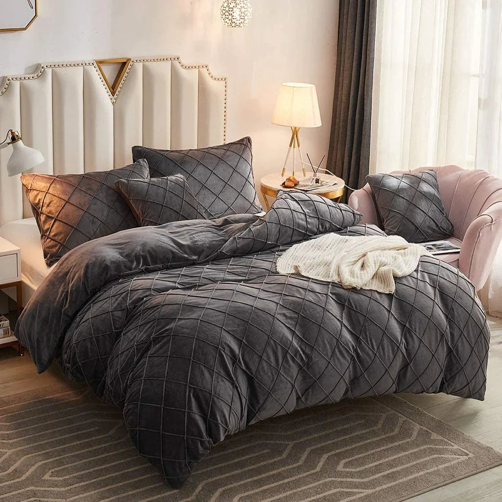 Luxury Velvet Pinch Pleats Duvet Cover Set -Charcoal