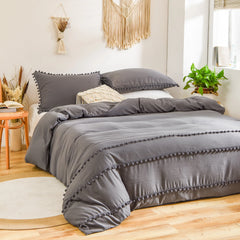 Luxury Cotton Satin Pom Fringe Duvet Cover Set - Charcoal Grey