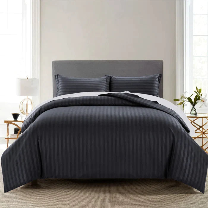 Cotton Satin Stripe Duvet Cover Set - Black