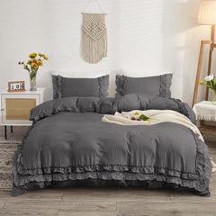 Luxury Cotton Frilled Duvet Set -Charcoal