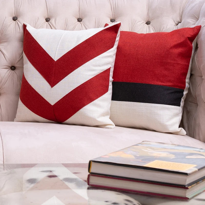 Deep Red, White-Duck Cushion - 2 Pc Jute cushion Cover set