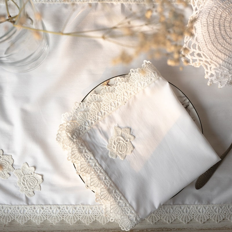 9 Pcs Trolley Mat and Napkin Set With Lace - Dove White