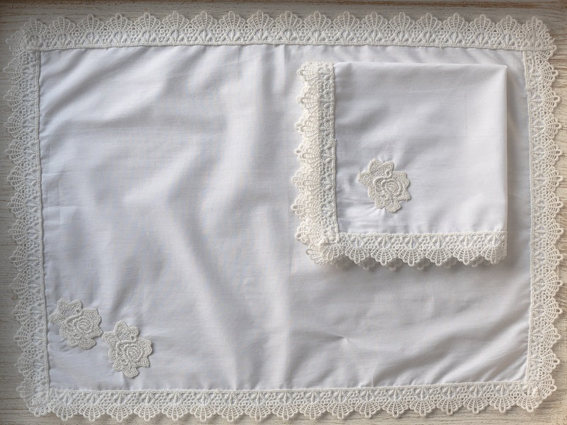 9 Pcs Trolley Mat and Napkin Set With Lace - Dove White