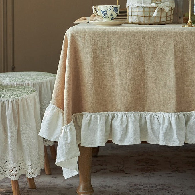 Flounce Stitching Cotton Table Covers-Beige & White