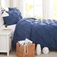 Luxury Satin Pintuck Duvet Cover Set - Dark Blue