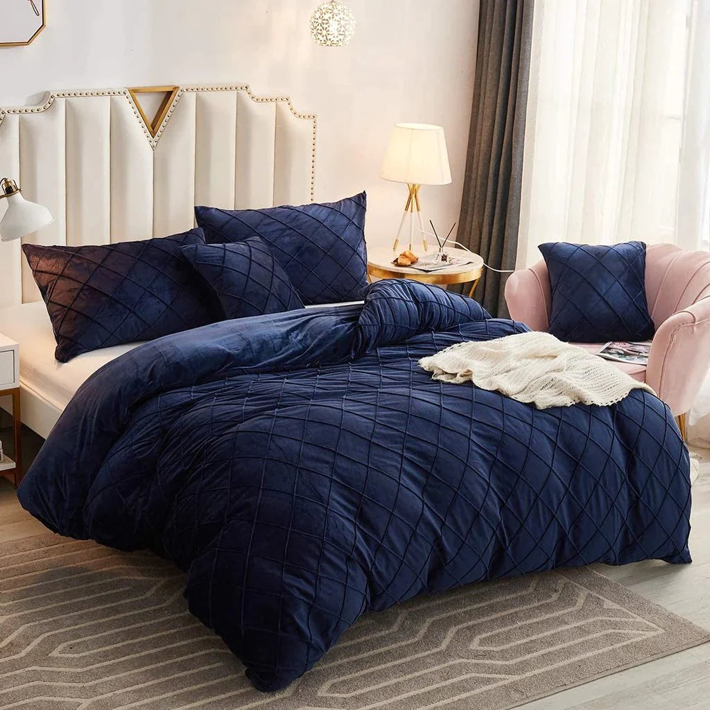 Luxury Velvet Pinch Pleats Duvet Cover Set -Dark Blue