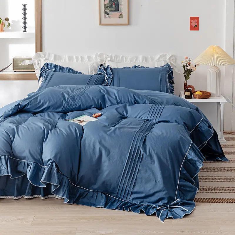 Luxury Pleated With Ruffled Style Satin Duvet Cover Set - Dark Blue