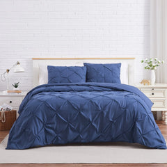 Luxury Satin Pintuck Duvet Cover Set - Dark Blue