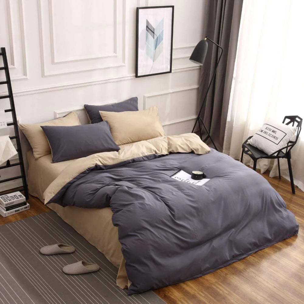 Plain Dyed Reversible Cotton Duvet Cover Set -Dark Grey & Khaki