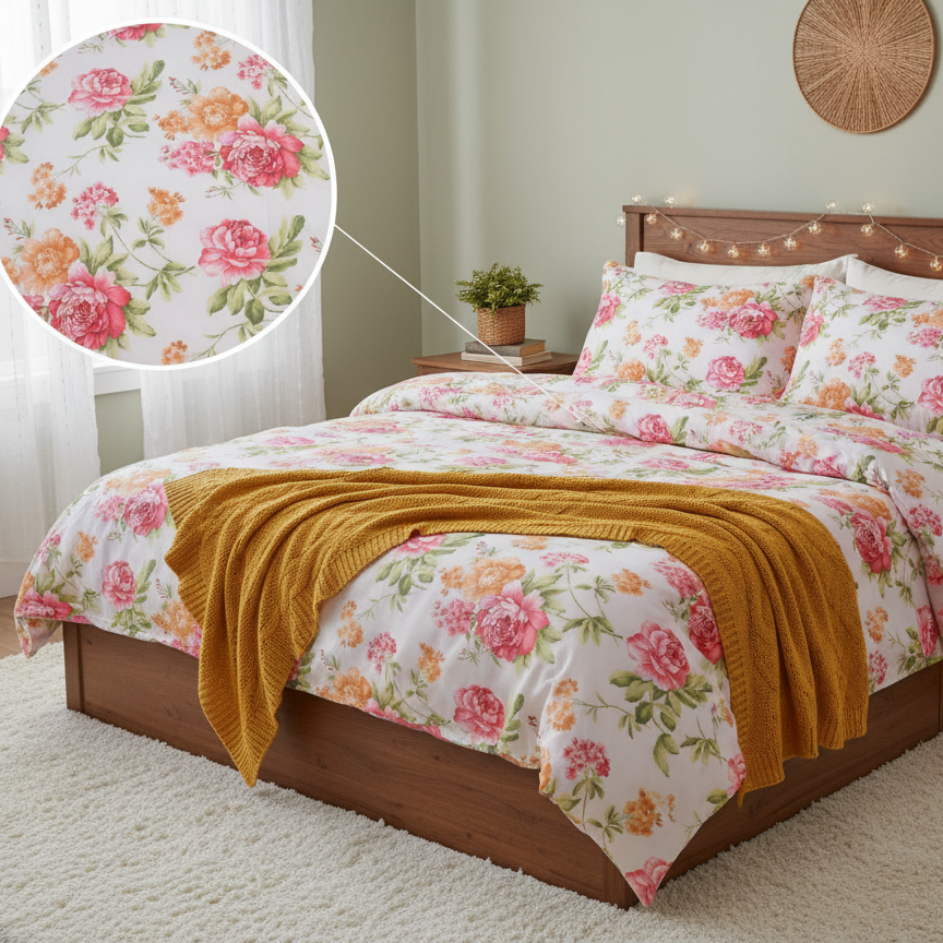 Double Cotton Bed Sheet - Rose Vintage Floral Garden