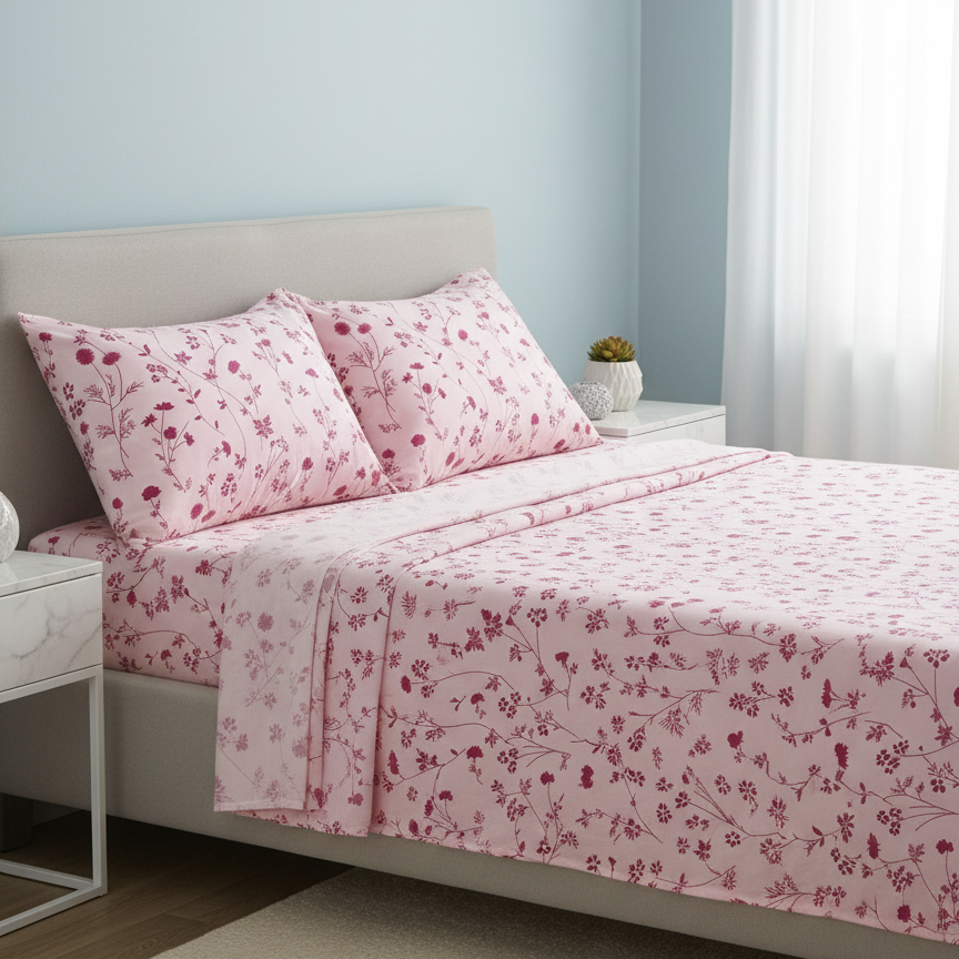 Double Cotton Bed Sheet Set - Soft Bloom Pink Floral