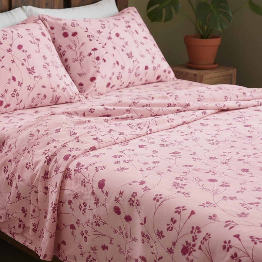 Double Cotton Bed Sheet Set - Soft Bloom Pink Floral