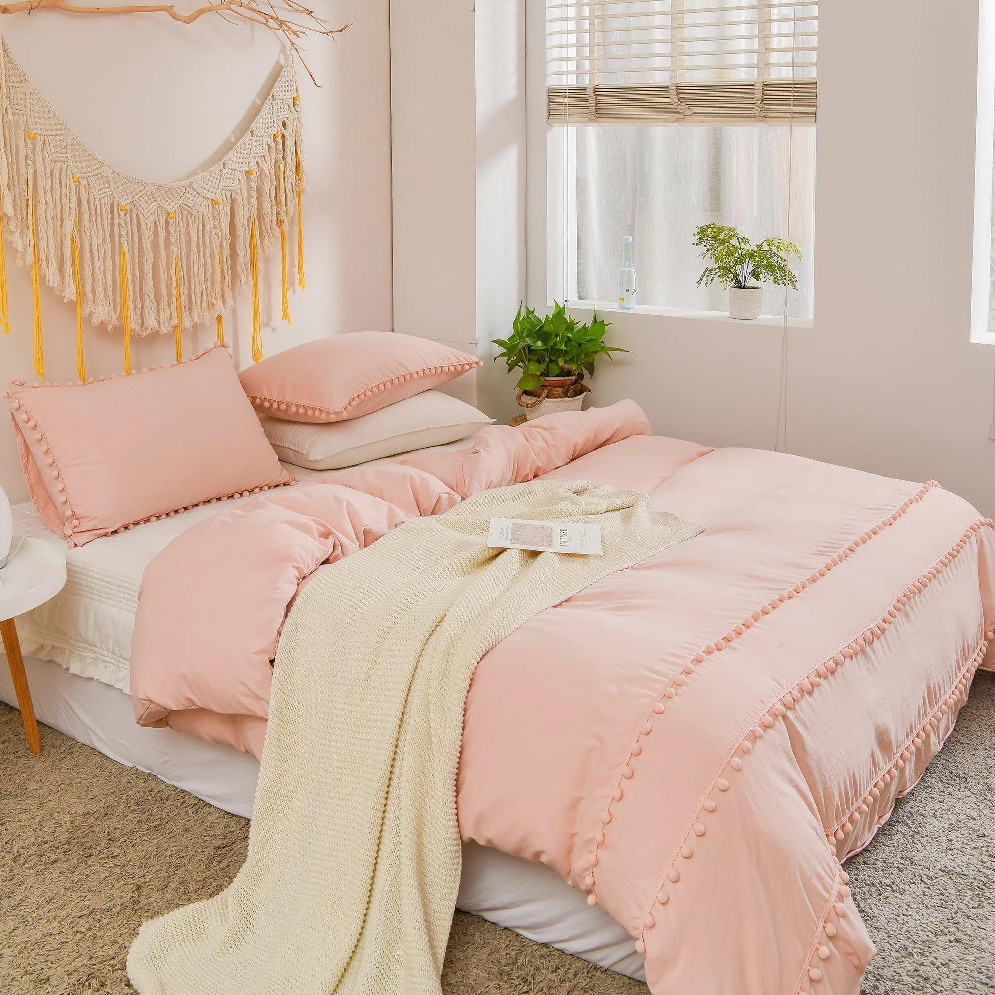 Luxury Cotton Satin Pom Fringe Duvet Cover Set - Pink