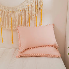 Luxury Cotton Satin Pom Fringe Duvet Cover Set - Pink